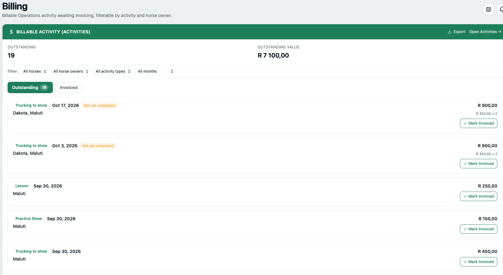 YardHub billing - billable activities and extras, desktop