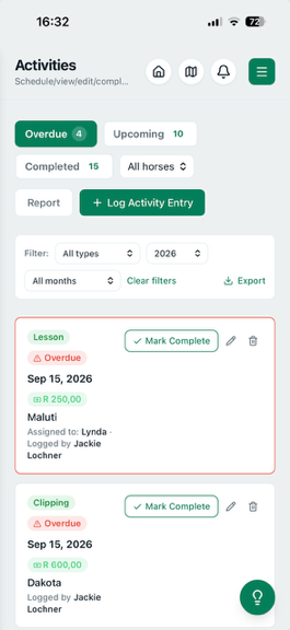 YardHub activities - mobile