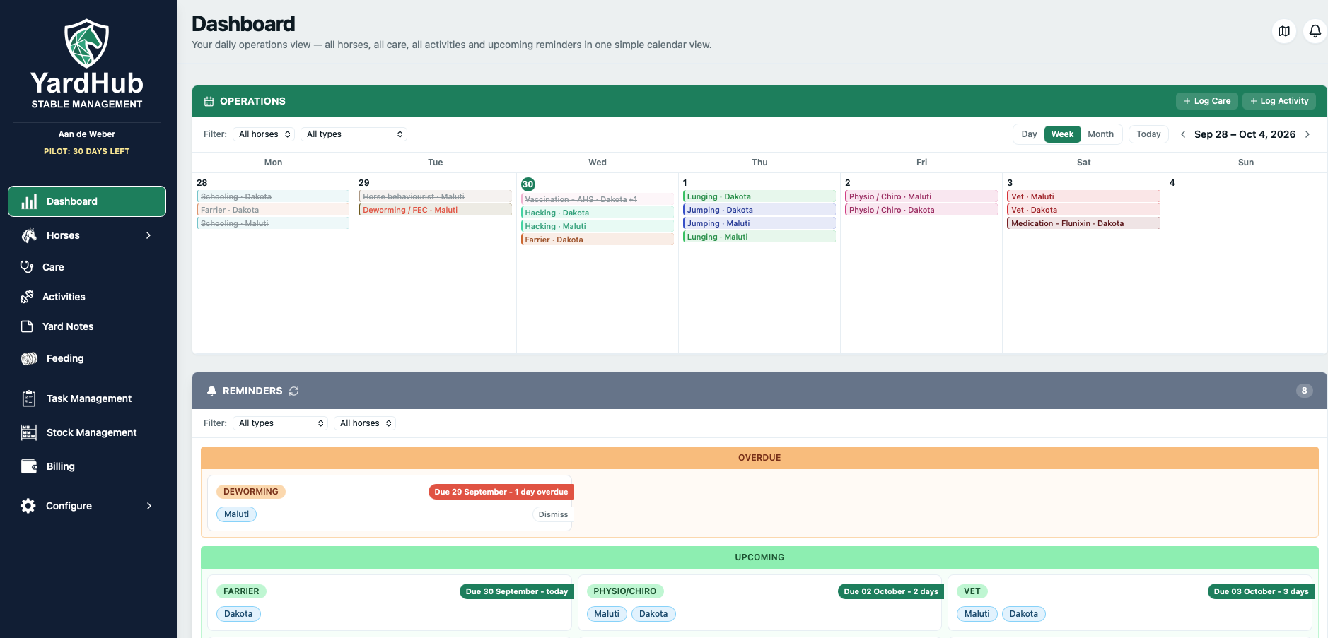 YardHub Operations dashboard - daily calendar with horses, Care and Activities together