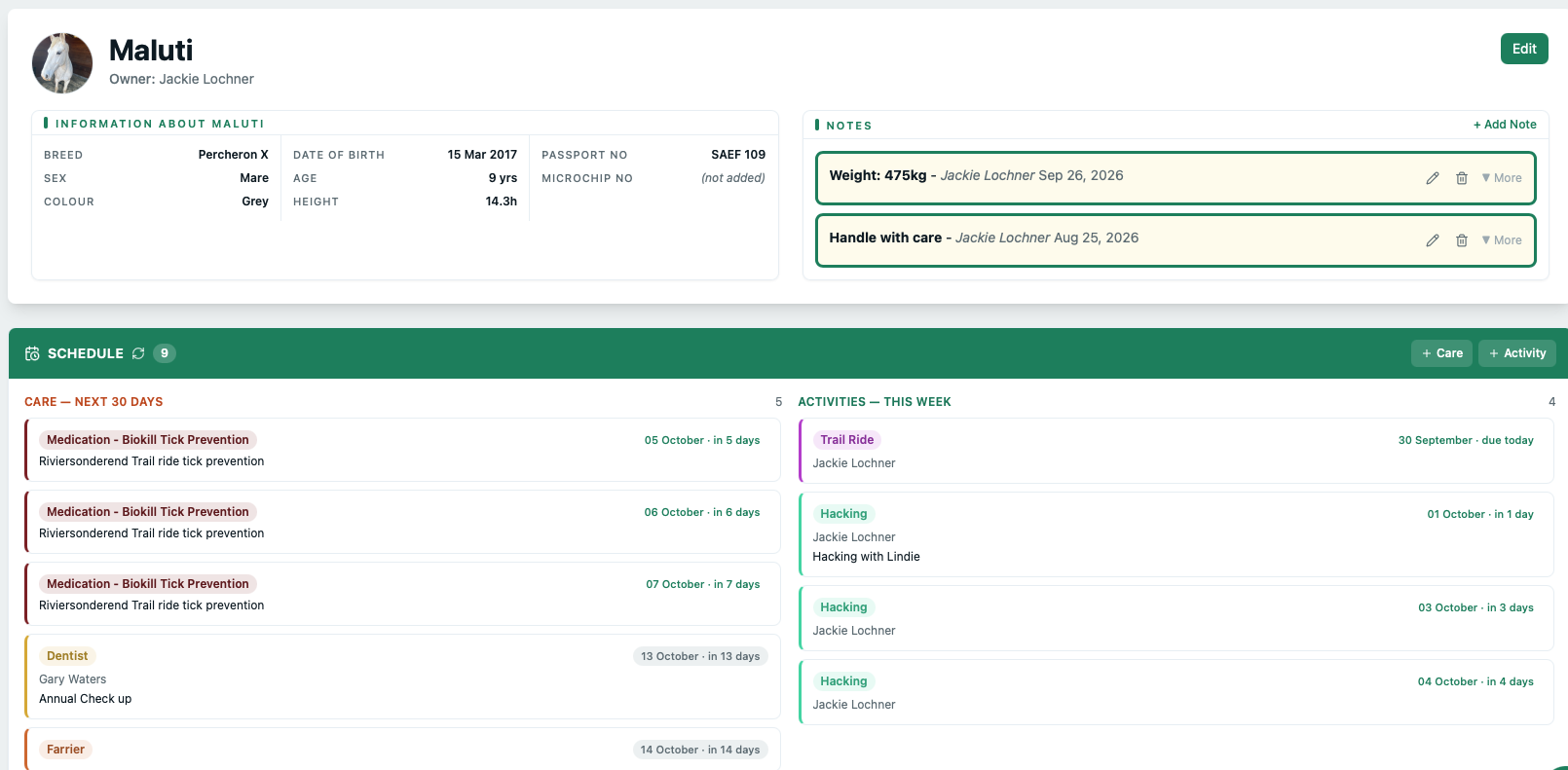 YardHub horse profile - information, notes and schedule