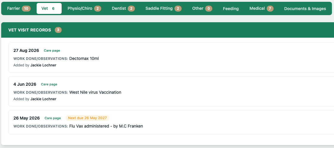 YardHub horse profile - care history tabs